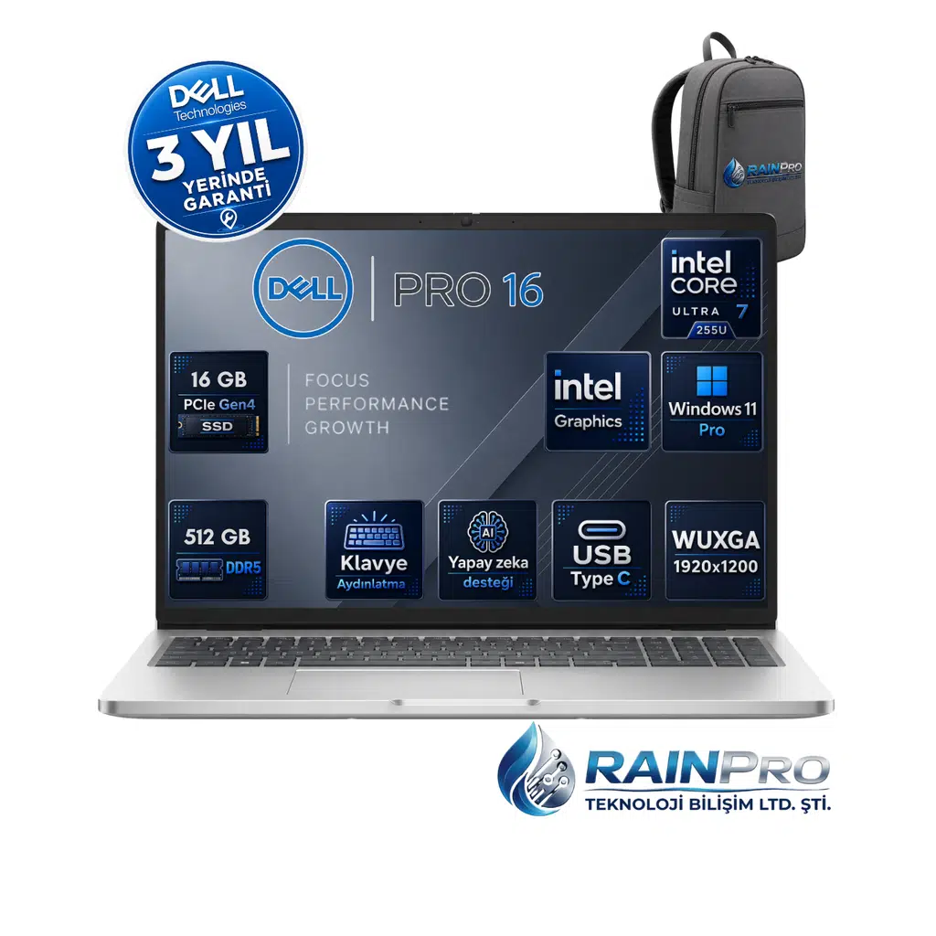 Dell Pro 16 Intel Core Ultra 7 255U 5.2ghz 16 GB DDR5 512 GB SSD Intel® Aı Boost 16 Inç IPS Wuxga Windows 11 Pro Taşınabilir Bilgisayar BTO107PC16250RNP01