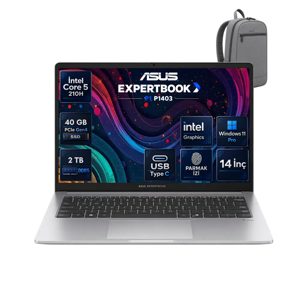 Asus Expertbook P1 P1403CVA Intel® Core™ 5 210H 40 GB DDR5 2 TB SSD 14'' FHD (1920 x 1080) 300NITS Windows 11 Pro Taşınabilir Bilgisayar C516512G0DRNP19+ÇANTA