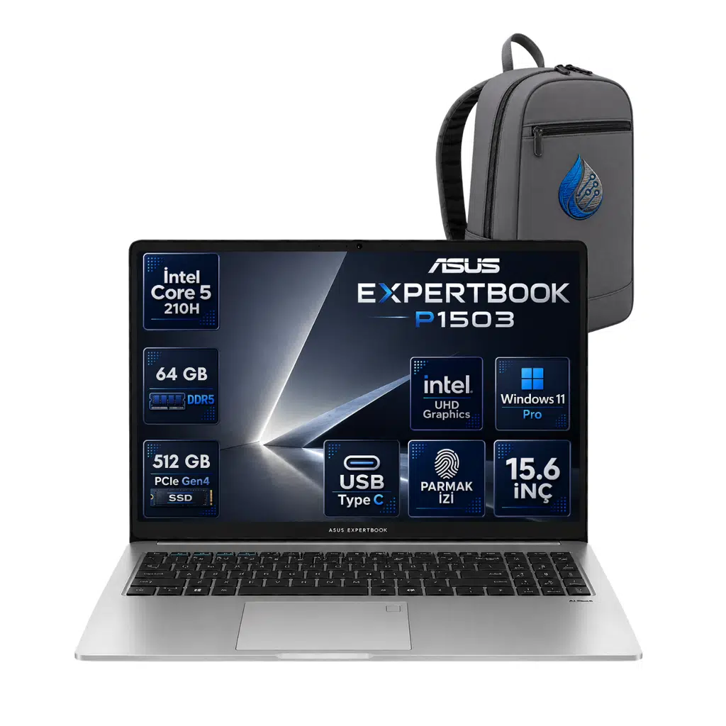 Asus Expertbook P1 P1503CVA Intel® Core™ 5 210H 64 GB DDR5 512 GB SSD 15.6'' FHD (1920 x 1080) 300NITS Windows 11 Pro Taşınabilir Bilgisayar P1503CVA-C516512-G0DRNP25+ÇANTA
