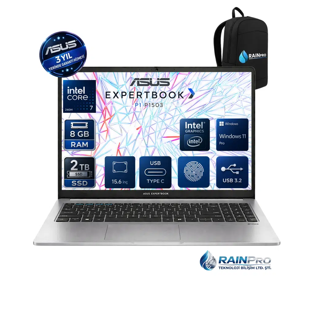Asus ExpertBook P1503CVA Intel® Core™ 7-240H 8 GB DDR5 2 TB SSD 300NITS 15.6" FHD Windows 11 Pro Taşınabilir Bilgisayar | 3 Yıl Yerinde Garanti C716512G0DRNP03
