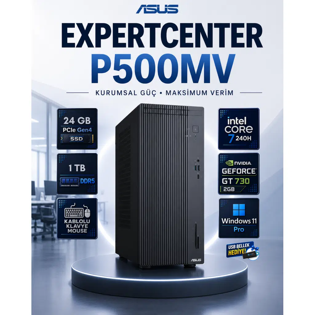 Asus ExpertCenter P500MV Core 7 240H 24 GB DDR5 1 TB SSD GT 730 Ekran Kartı Windows 11 Pro Masaüstü Bilgisayar P500MVC7GT730RNP06