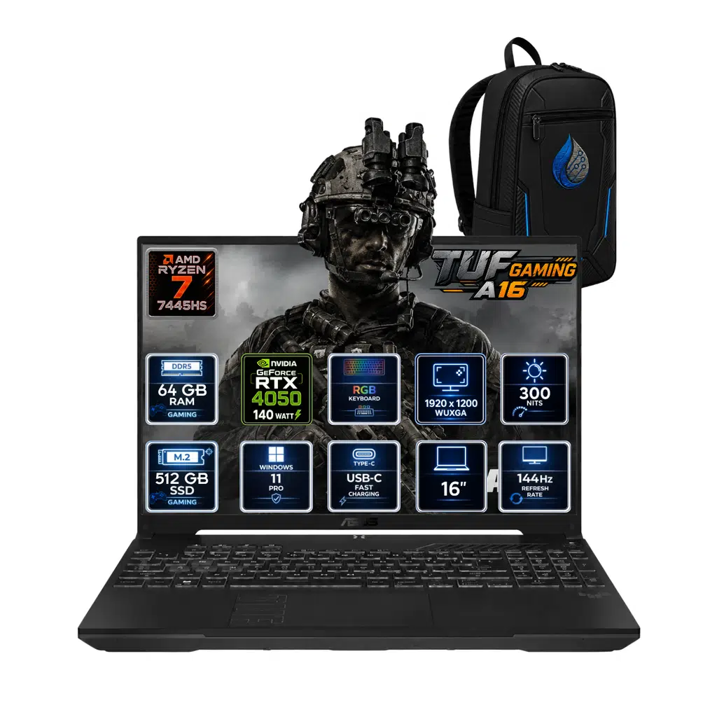 ASUS TUF Gaming A16 AMD Ryzen 7 7445HS 64 GB DDR5 512 GB SSD RTX 4050 6GB 16'' WUXGA IPS 144Hz Windows 11 Pro Gaming Laptop FA607NUG-RL212RNP21