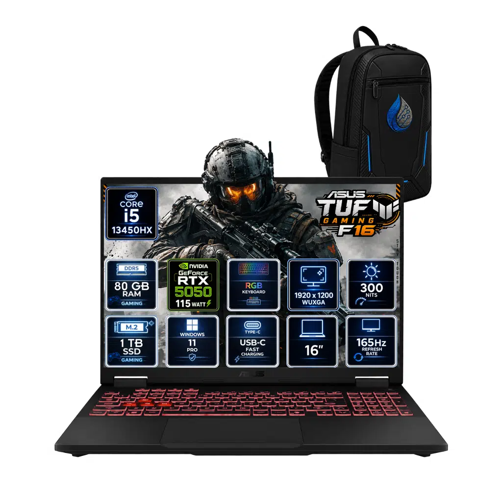 ASUS TUF Gaming F16 Intel Core i5-13450HX 80 GB DDR5 1 TB SSD RTX 5050 8GB 16'' WUXGA IPS 165Hz Windows 11 Pro Gaming Laptop FX608JH-RV080RNP26