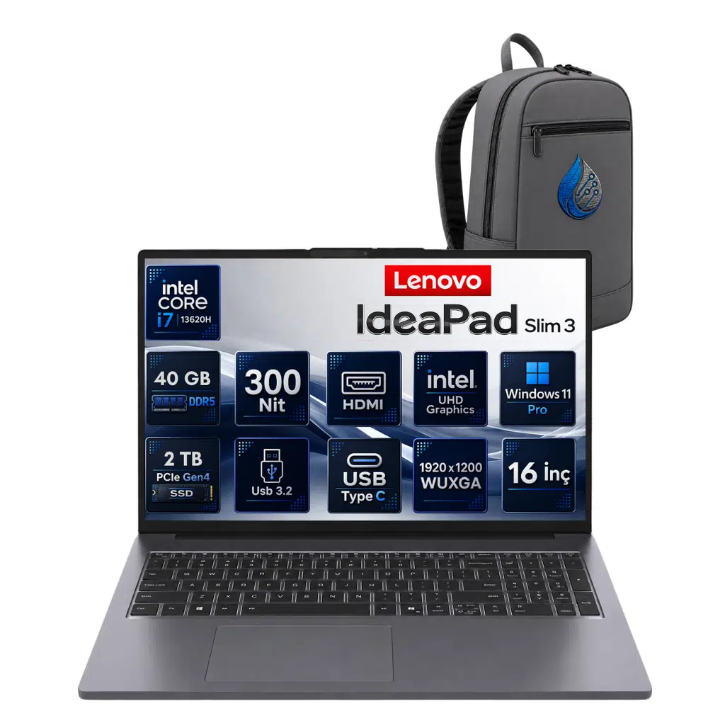 Lenovo IdeaPad Slim 3 16IRH10 Intel Core i7-13620H 40 GB DDR5 RAM 2 TB NVMe SSD Intel UHD Graphics Windows 11 Pro 16" WUXGA IPS (1920×1200) Notebook Dizüstü Bilgisayar 83K2001WTRRNP15 + ÇANTA