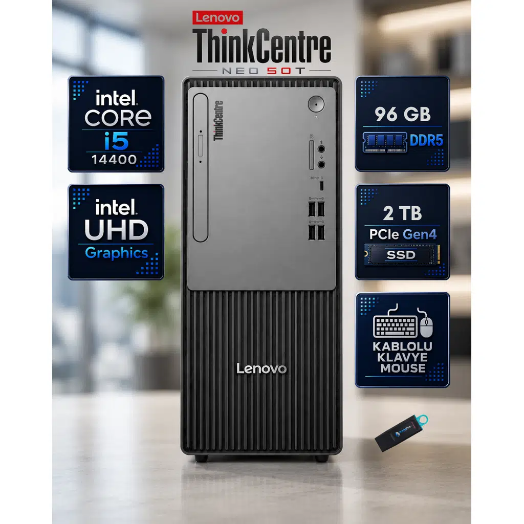 Lenovo ThinkCentre Neo 50t Gen 5 Intel Core i5-14400 96 GB DDR5 2 TB SSD FreeDos Mini Tower Masaüstü Bilgisayar Siyah 12UD002CTRRNP15F