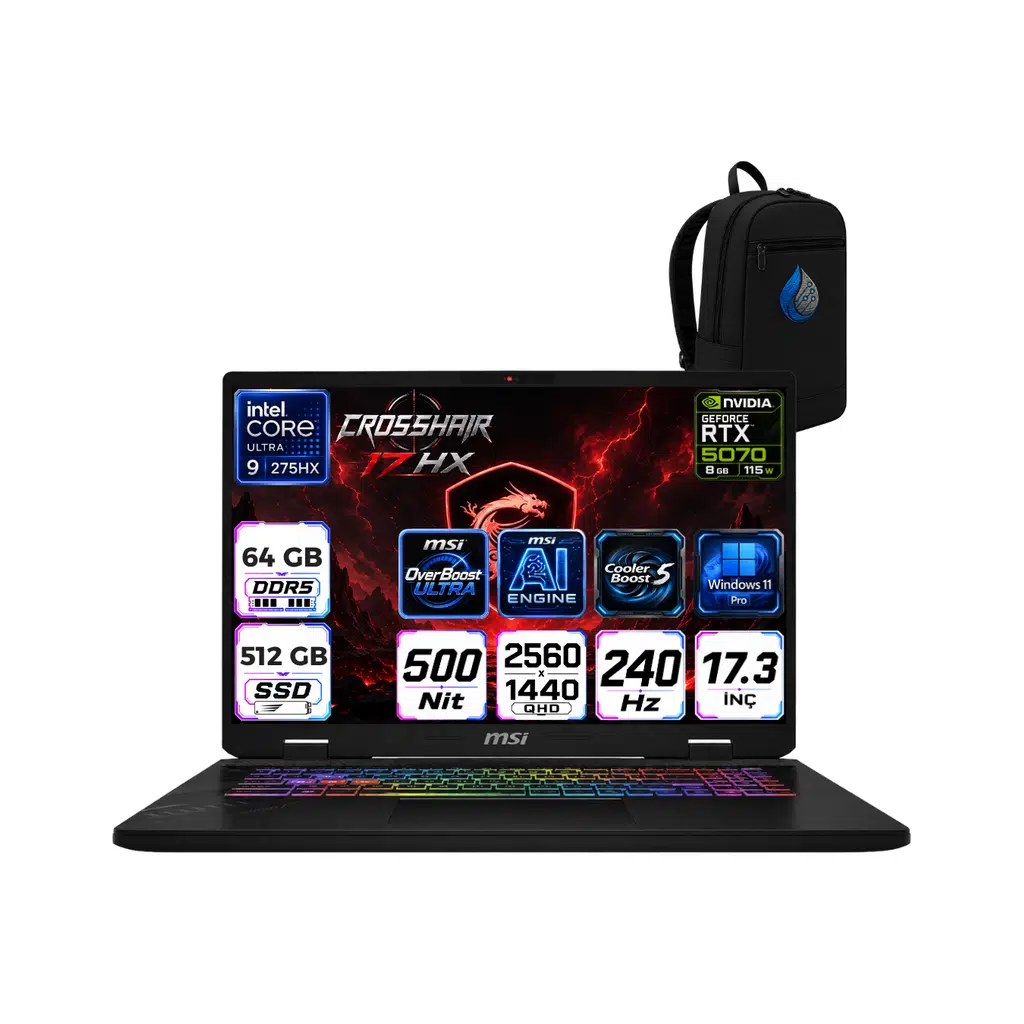 Msı Crosshaır 17 Hx Aı Intel Core Ultra 9-275HX Aı 64 GB 512 TB SSD 8GB/RTX5070 Gddr7 115W 17'' 2.5k (2560 x 1600, Wqxga) 240Hz Windows 11 Pro Taşınabilir Bilgisayar D2XWGKG-017TRRNP21