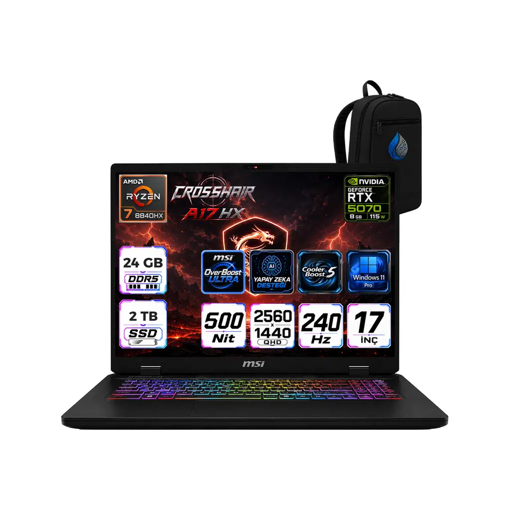 MSI Crosshair A17 Hx Amd Ryzen 7 8840HX 24 GB 2 TB SSD RTX5070/8GB 115W 17'' QHD+ 240Hz Windows 11 Pro Taşınabilir Bilgisayar D8WGKG-038XTRRNP07+ÇANTA