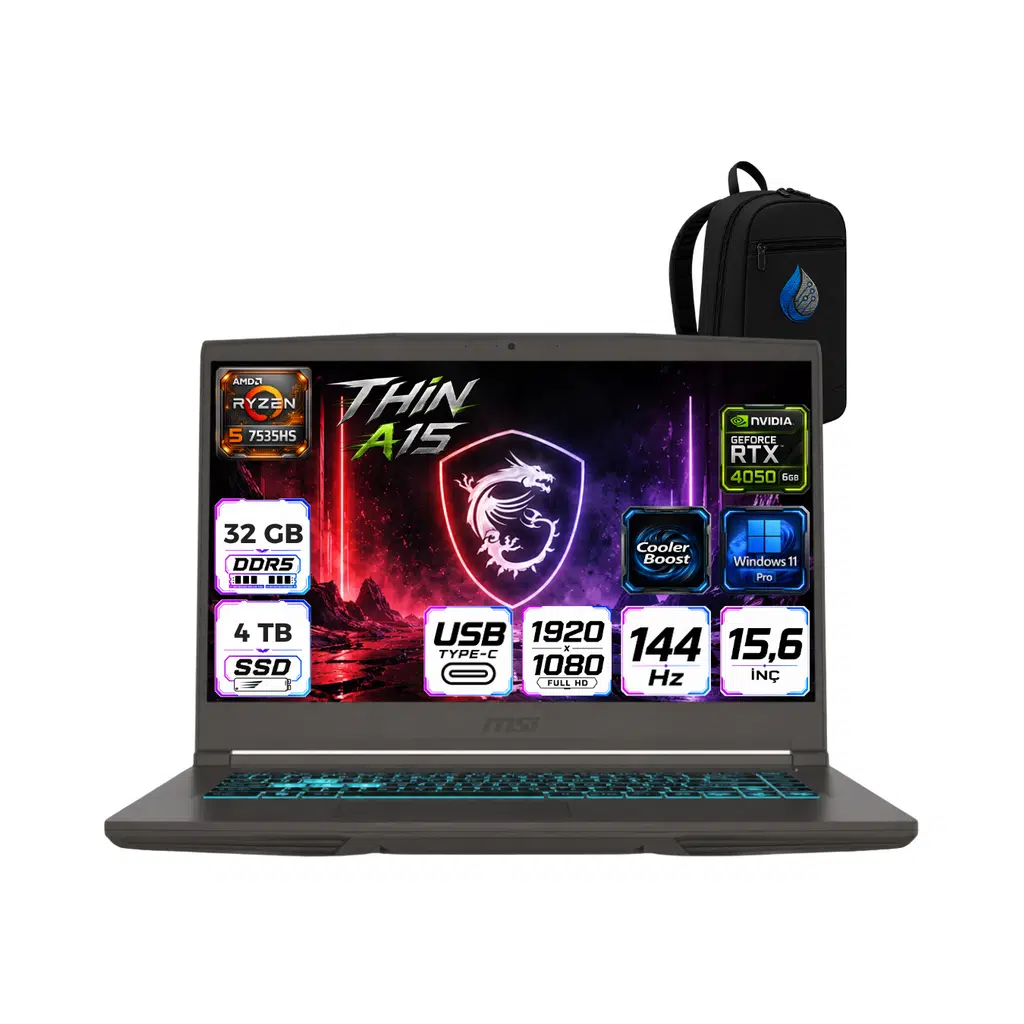 MSI NB THIN A15 RYZEN 5 7535HS 32 GB DDR5 4 TB SSD 6GB RTX4050 15.6 FHD 144Hz Windows 11 Pro Taşınabilir Bilgisayar B7VERNP12