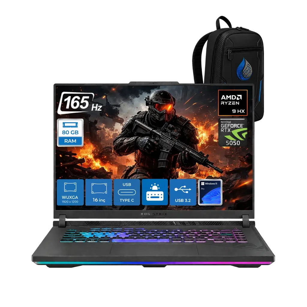 Rog Strix G16 G614PH Amd Ryzen 9 8940HX Aı 80 GB RAM 4 TB SSD 8GB/RTX5050 Gddr7 115W 16" Wuxga 165Hz 300Nits WİN11Pro Gaming Laptop G614PH-RV036RNP28+ÇANTA