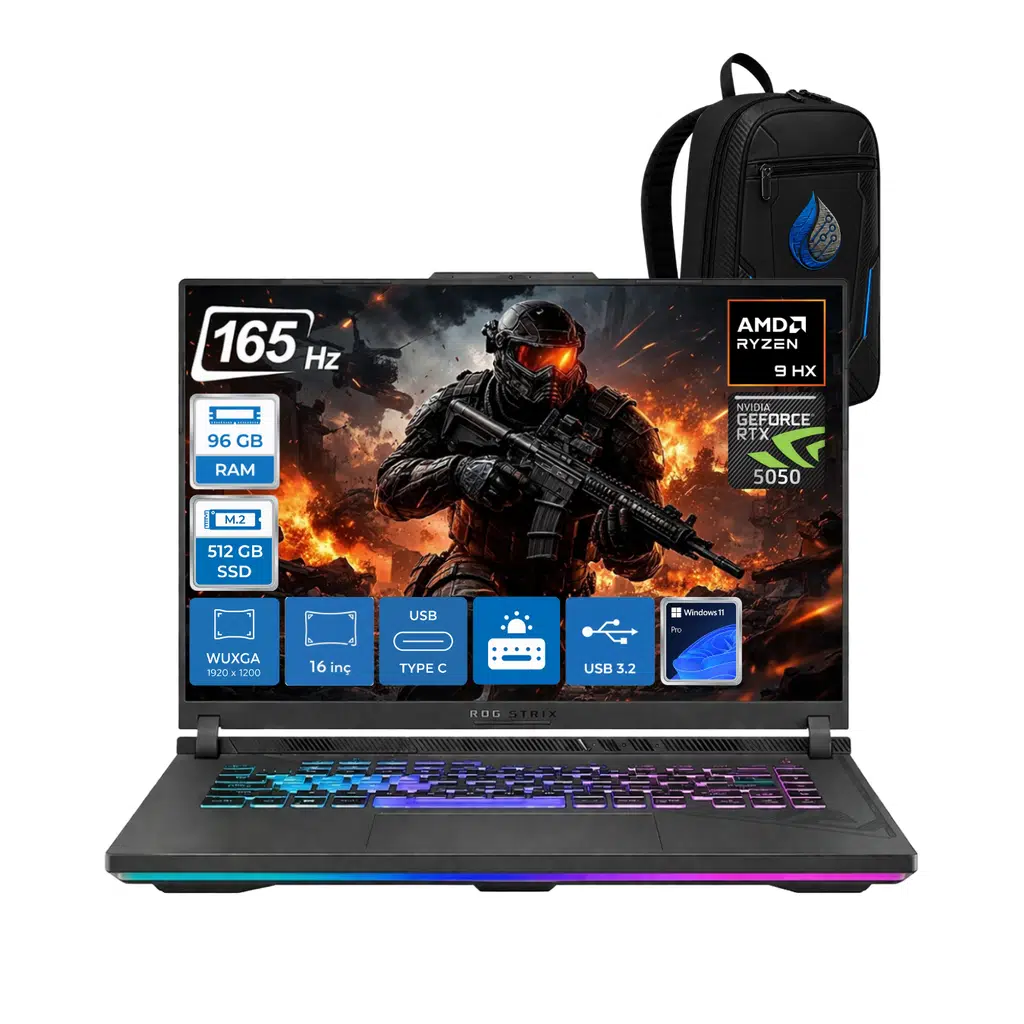 Rog Strix G16 G614PH Amd Ryzen 9 8940HX Aı 96 GB RAM 512 GB SSD 8GB/RTX5050 Gddr7 115W 16" Wuxga 165Hz 300Nits WİN11Pro Gaming Laptop G614PH-RV036RNP29+ÇANTA