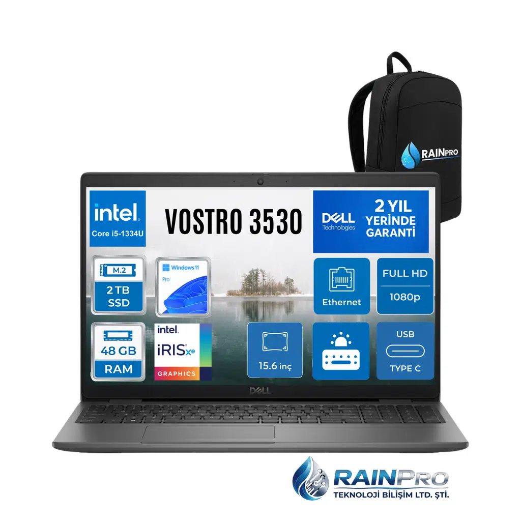 Vostro 3530 Intel Core İ5-13334U 48 GB 2 TB SSD Fhd 15.6'' İntel İris XE Graphics Windows 11 Pro Dizüstü Bilgisayar N3409PVNB3530RNP23